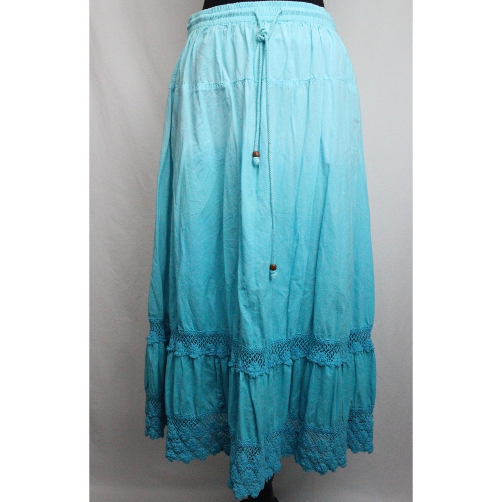 Bobbie Brooks Turquoise Blue Cotton Gauze Crochet Lace Trim Maxi Peasant Skirt M